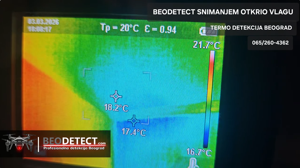 Detekcija curenja beodetect beograd vozdovac otkrivena vlaga u plafonu prostorija ispod kupatila stana iznad koja se siri celom duzinom spoljnog zida termovizijsko snimanje beograd termo