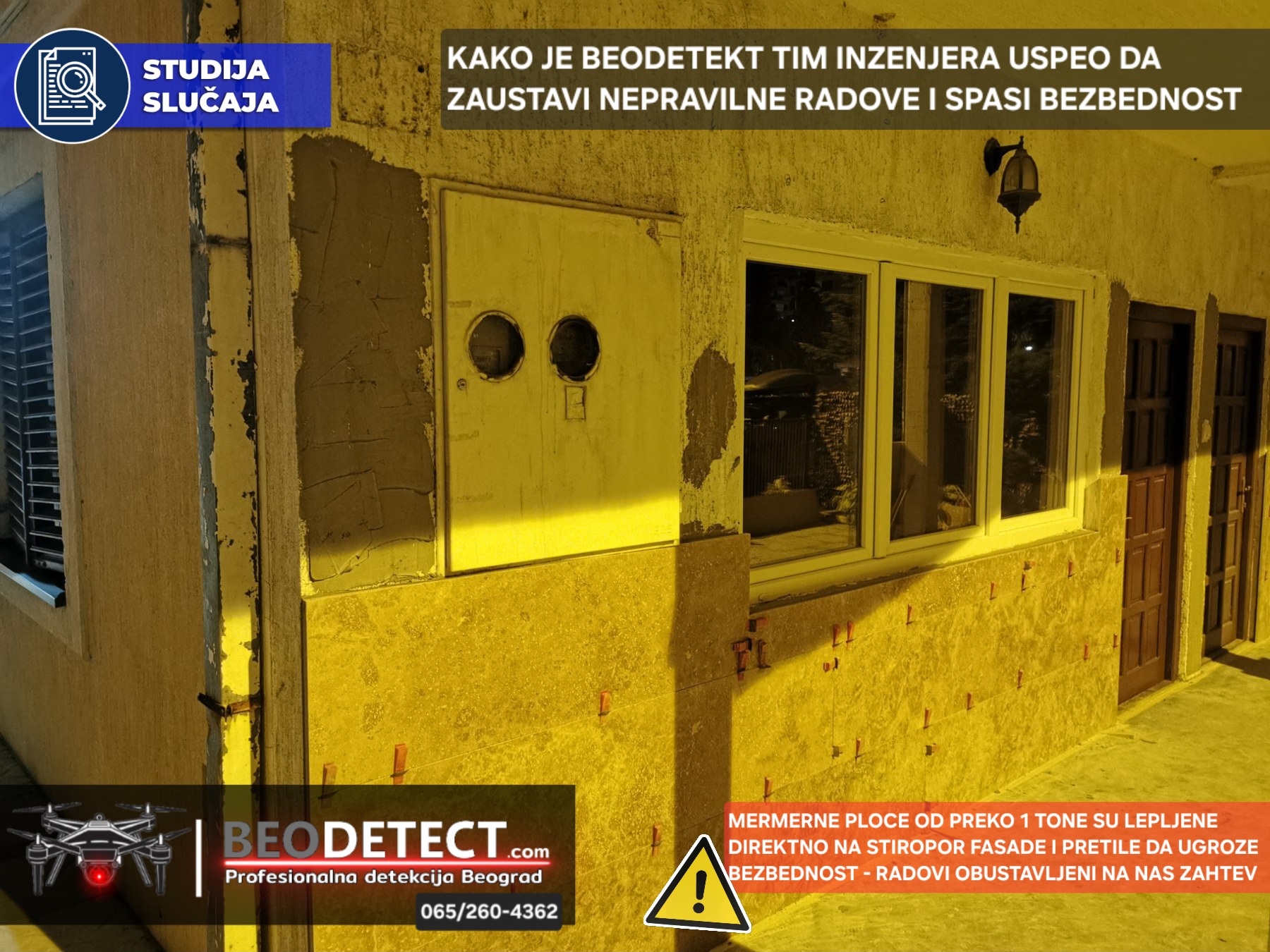 Beograd Čukarica jun 2026 - Tim inženjera kroz konsultacije uspeo da zaustavi opasne radove lepljenja mermera na fasadi