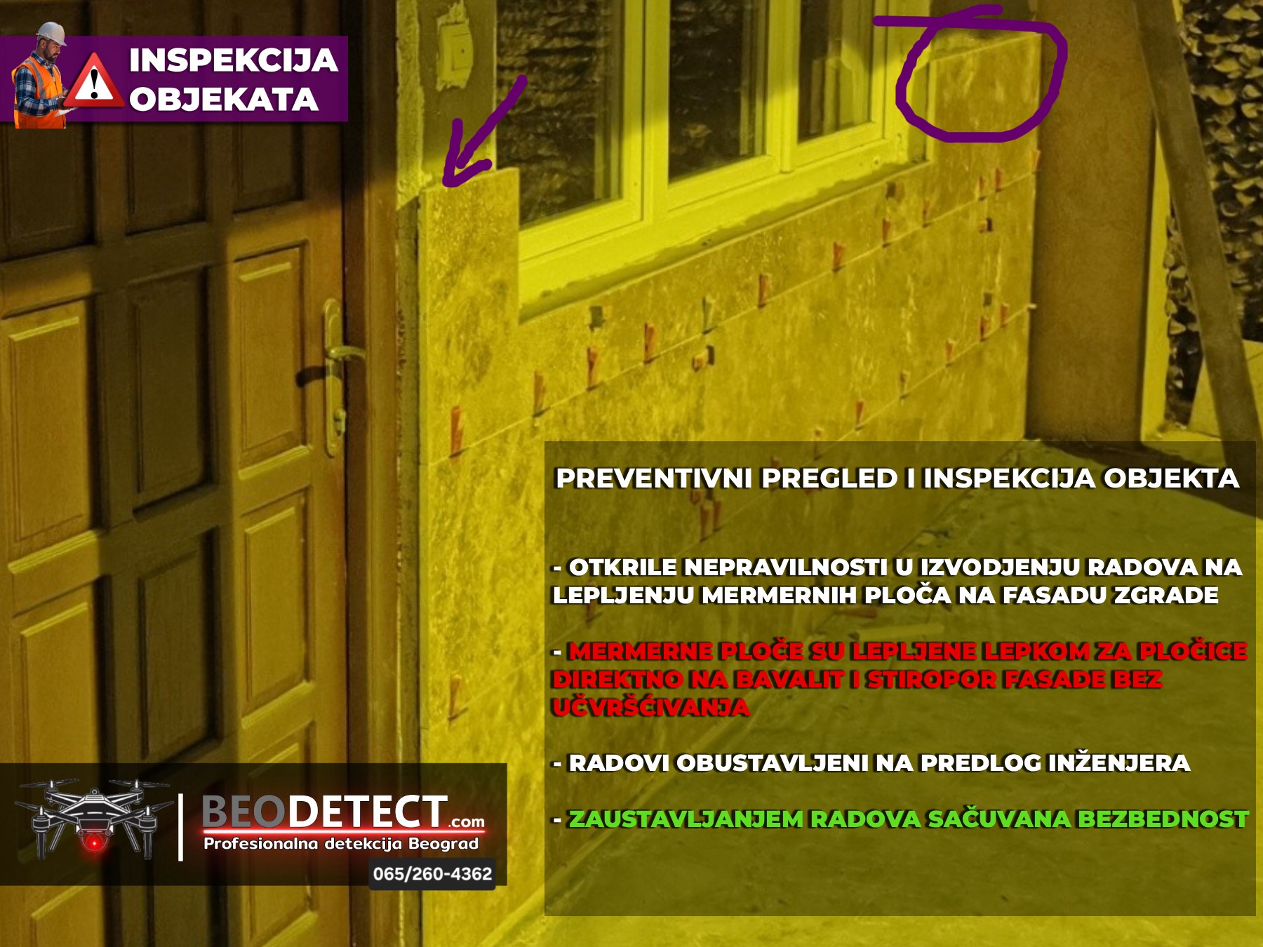 Beograd Čukarica jun 2026 - Stručna inspekcija objekta na Čukarici otkrila nepravilno izvođenje radova lepljenja mermera na fasadi i sprečila potencijalnu opasnost