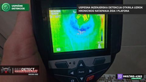Termovizijski snimak sa terena potvrdio vlagu oko glavnog ventila na zidu koji se poklapa sa zidom ispod koji je natopljen — Zvezdara, Beograd